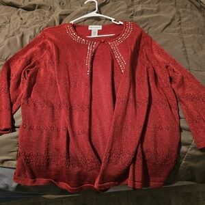Alfred Dunner Blouse Womens XL Red Layered Crdigan Rhinestone Sweater 3/4 Sleeve